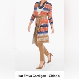 Chicos women’s Sz 2 Cardigan‎ Ikat Freya Tie Waist Knit Long Sleeve Boho colors